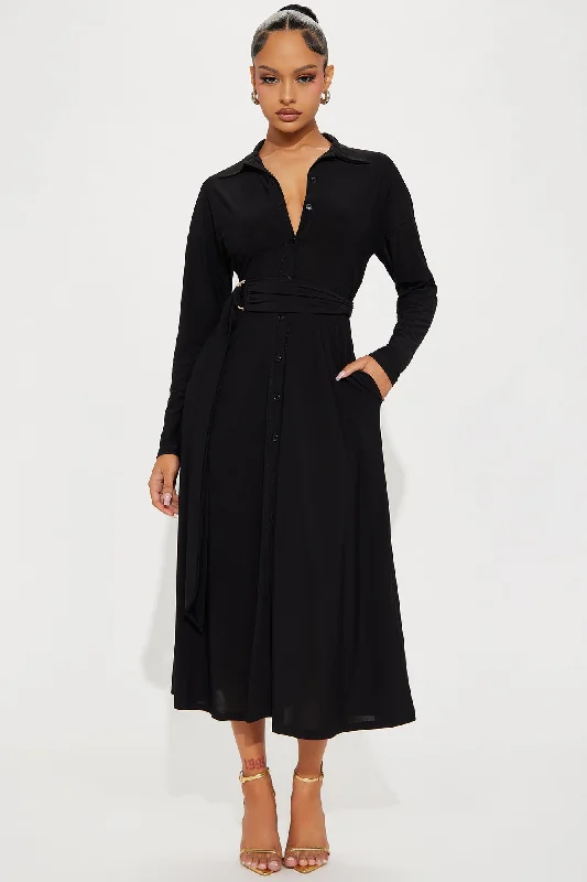 Elena Button Up Midi Dress - Black