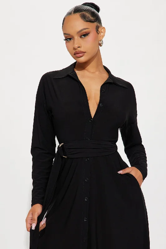 Elena Button Up Midi Dress - Black