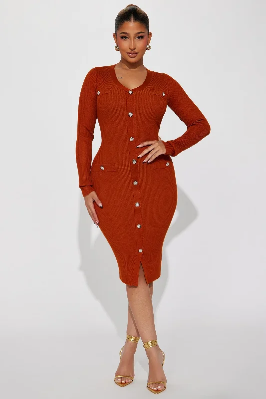 Midnight Bliss Front Button Midi Dress - Rust