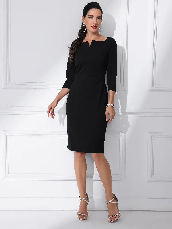 Notch Neck 3/4 Sleeve Work Office Business Midi Sheath Dress