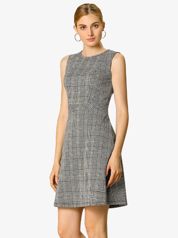 Plaid Sleeveless Fit and Flare Houndstooth Work Dress