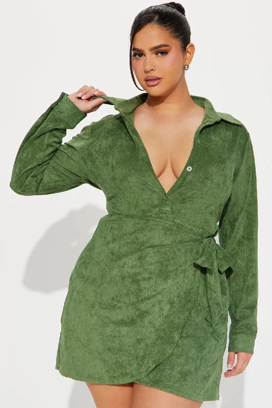 Working Hard Suede Mini Dress - Green