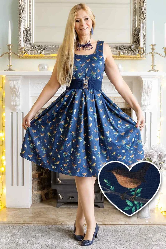 Amanda Blue Bird Print Swing Dress