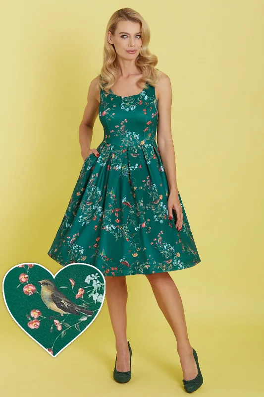 Amanda Vintage Inspired Forest Green Bird Print Dress