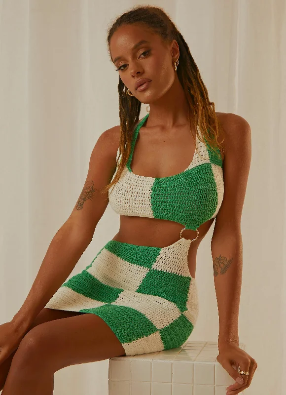 Jet Set Crochet Mini Dress - Green Check