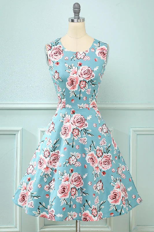 Blue Printed Floral Swing Vintage Dress