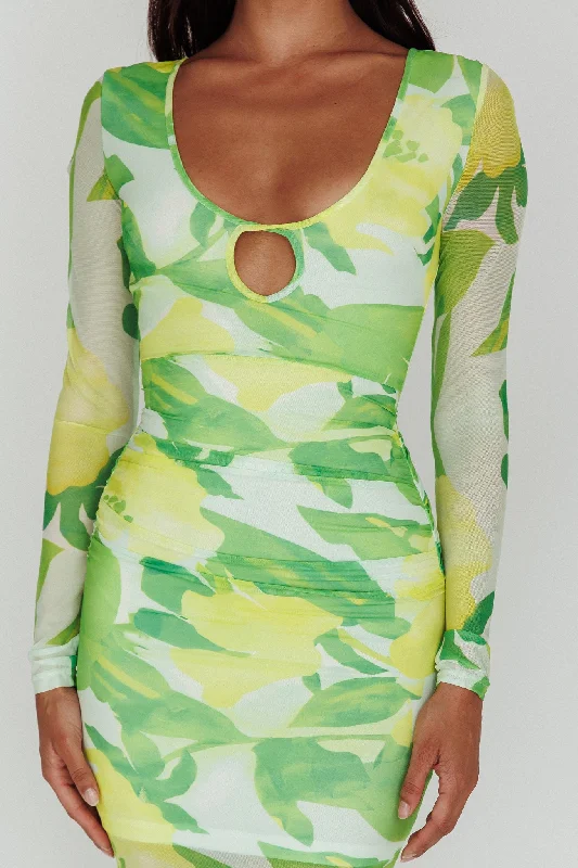 Chardae Long Sleeve Mesh Midi Dress Floral Green