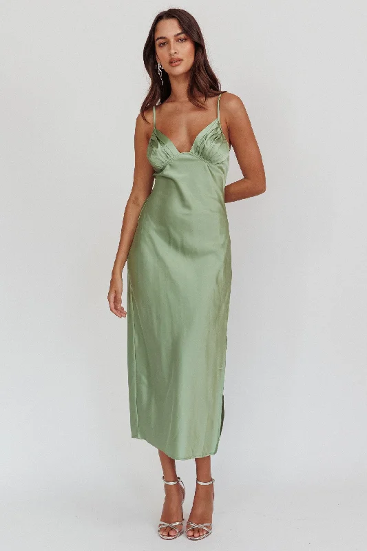 Felicity Pleat Bust Split Midi Dress Sage