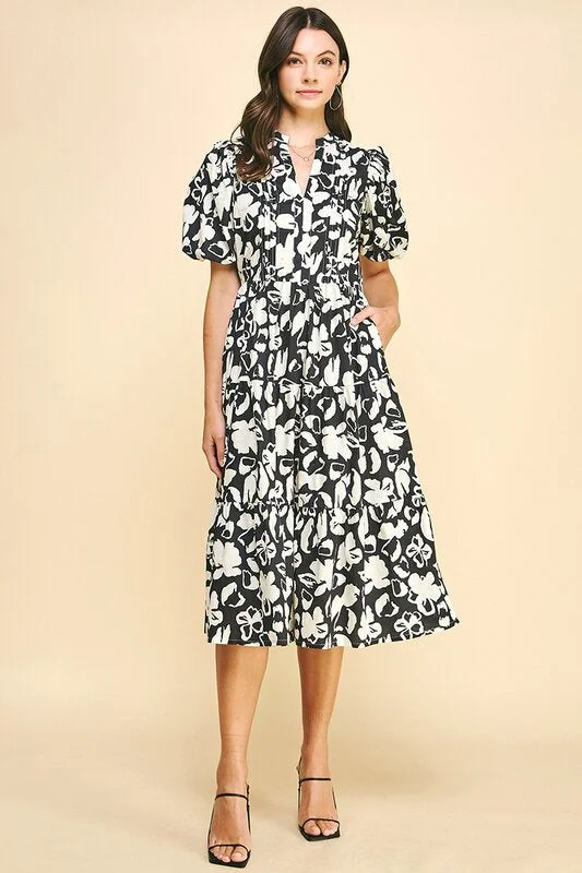 Floral Print Pintuck Midi Dress