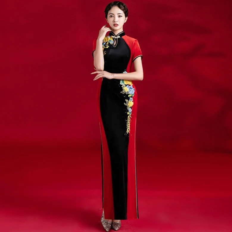 Key Hole Neck Floral Applique Velvet Cheongsam A-line Evening Dress