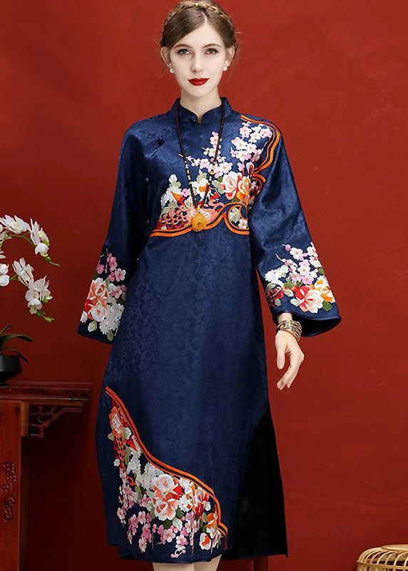 Momentlover Original Design Navy Embroideried Jacquard Silk Chinese Style Dress Vestidos Spring LY1694