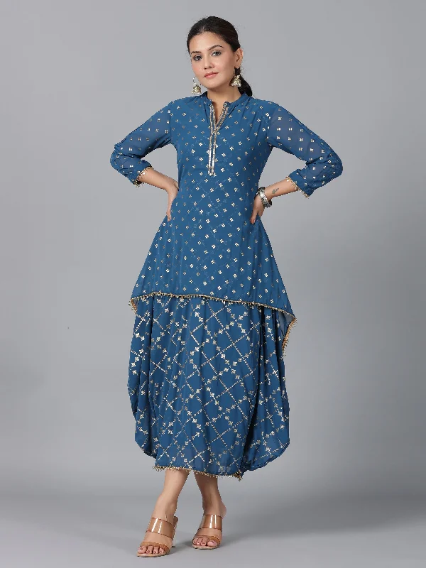 Women Indigo Georgette Printed Draped Maxi Dress