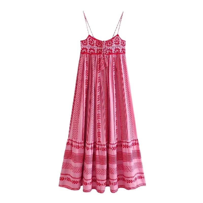 FashionSierra-Pink  Spliced  Crochet Strap  Women  Robe  Vintage  Sleeveless  Backless  Summer  Maxi  Loose  Beach Wear Boho Dress