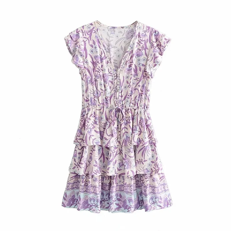 FashionSierra-Purple  Bohemian  Cotton Rayon  Floral Print  Summer  Ruffles  V-neck  Short Beach Boho Dress