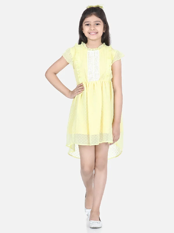 Girl's  Lemon Yellow Self Detail Dress With Lace Inserts - StyleStone Kid