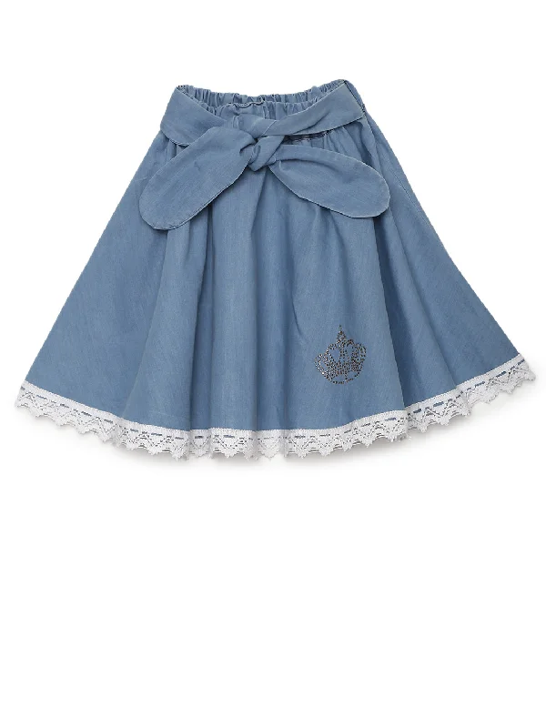 Gilr's Denim Skirt With Bow Tie Belt And Embellished Patch - StyleStone Kid