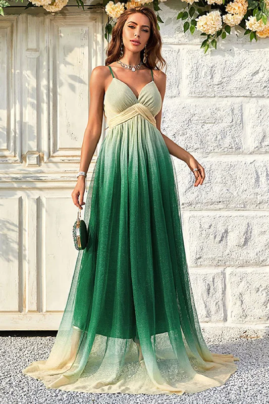 Green Gradient Spaghetti Straps A Line Prom Dress