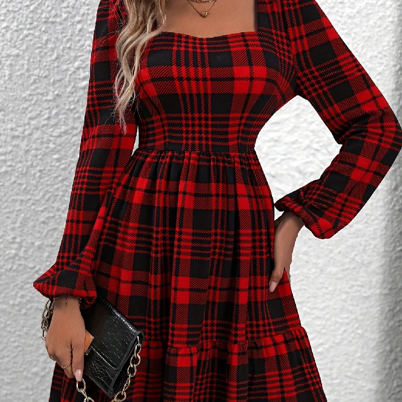 Sixsr Plaid Pattern Square Neck Dress, Vintage Lantern Sleeve Dress For Spring & Fall, Women's Clothing