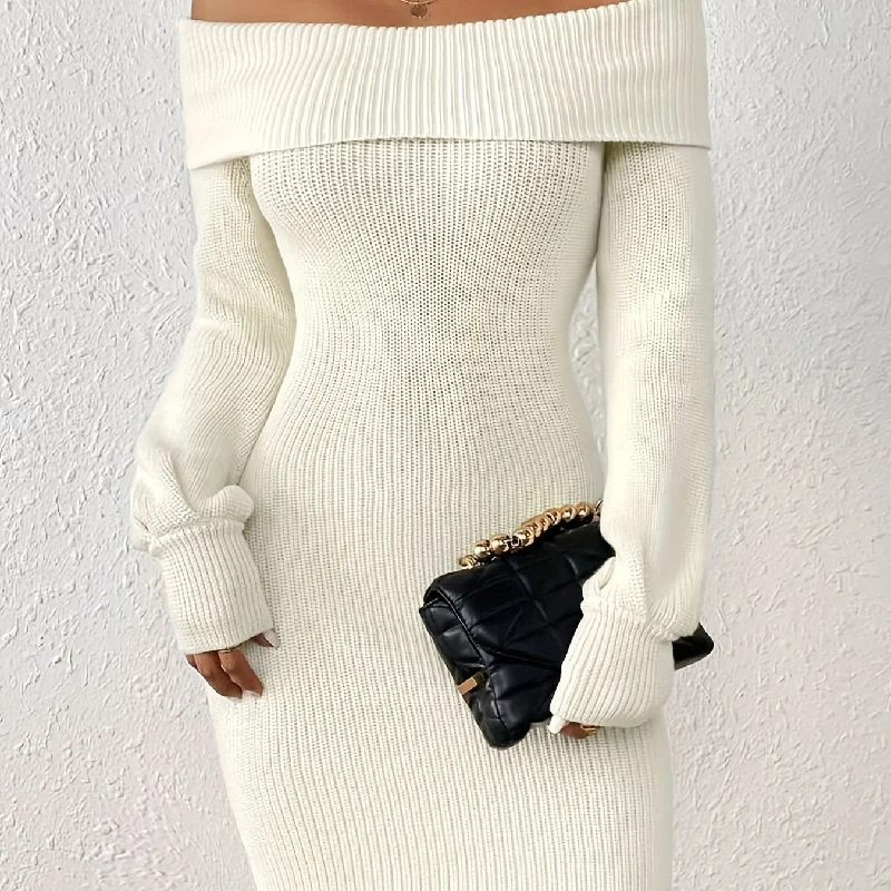 Sixsr Solid Off-shoulder Knit Dress, Elegant Long Sleeve Dress For Fall & Winter, Women's Clothing