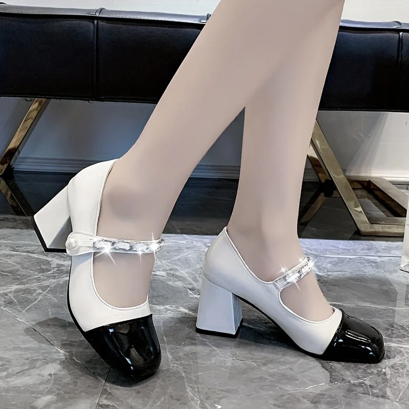 Sixsr Women's Colorblock Elegant Shoes, Ankle Band Chunky Heel Shallow Mouth Dress Shoes, Chain Decor Closed Toe Shoes