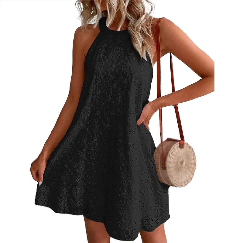 Sleeveless Hanging Neck Casual Lace Solid Color Beach Summer Dress