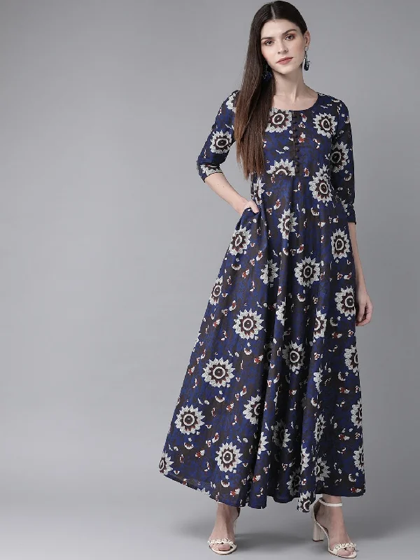 Women's  Navy Blue & Grey Printed Maxi Dress - AKS