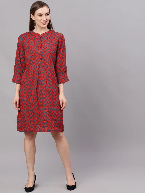 Women's  Red Ikat Printed A-Line Dress - AKS