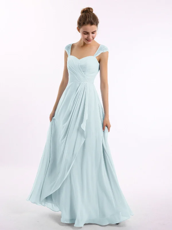 Chiffon Bridesmaid Dresses with Lace Cap Sleeves-Mist