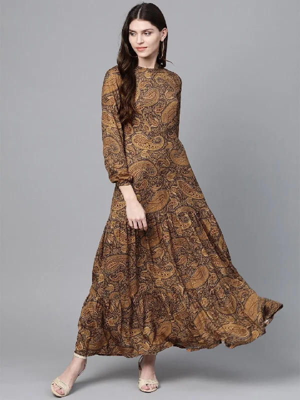 Women's Brown Paisley Tiered Maxi - SASSAFRAS