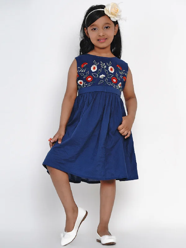 Girl's Blue Embroidered Fit And Flare  Dress - Bitiya By Bhama