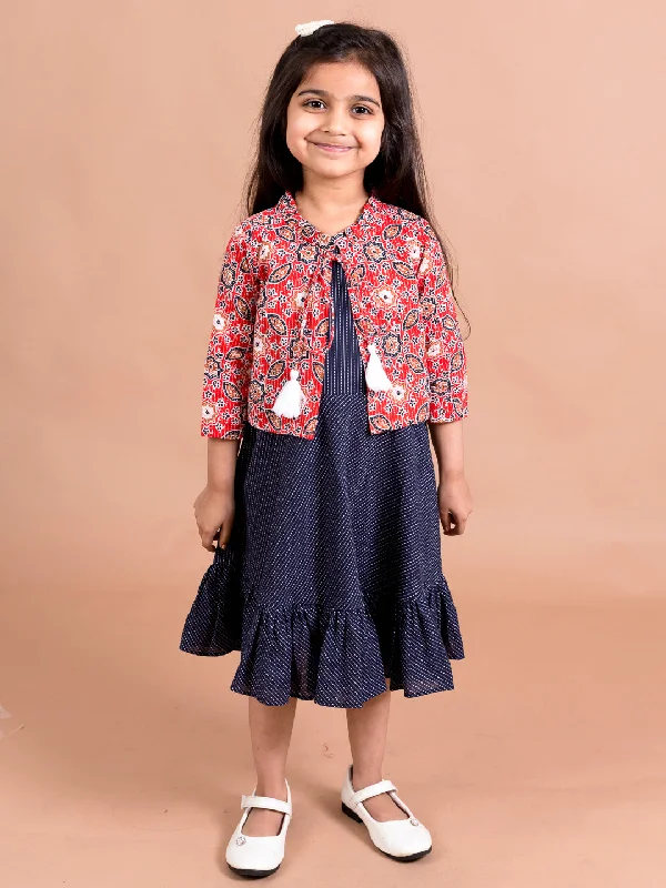 Girls Navy Blue Ethnic Motifs Cotton Dress - Ps Peaches