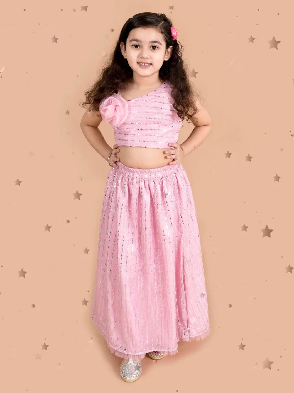 Girls Pink Silver-Toned Embellished Ready To Wear Lehenga - Ps Peaches