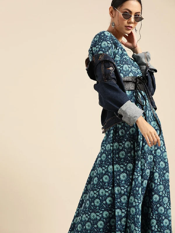 Women's Indigo Floral Printed Flared Dress With Round Neck & Three Quarters Sleeves - Nayo Clothing