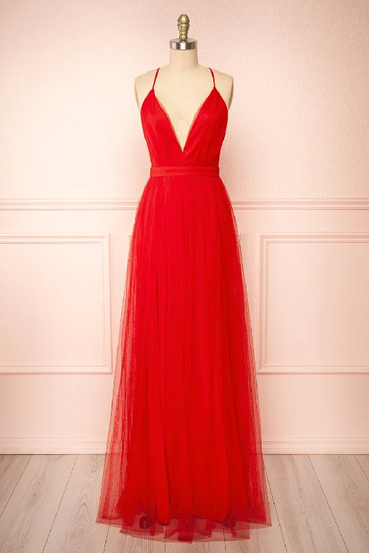 Ilaria Red | Tulle Gown w/ Plunging Neckline