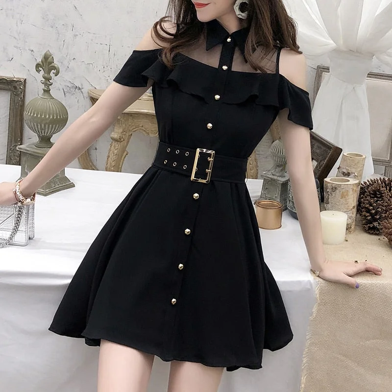 Sixsr Korean OL New Single Breasted Women Summer Dress Sweet Chic Black office work Short mini Dresses With Belt Vestidos jurken