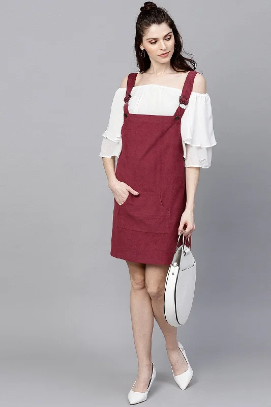 Women's Maroon Kangaroo Pocket Corduroy Pinafore - SASSAFRAS