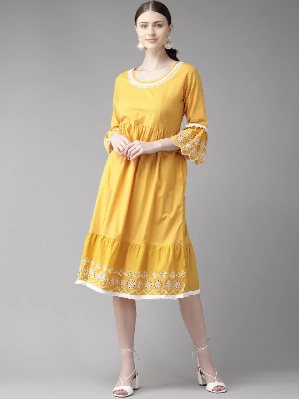 Women's Mustard Yellow Solid Embroidered Dress - Bhama Couture