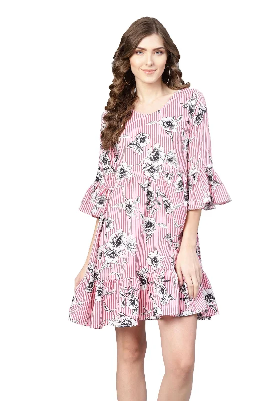 Women's Pink Poly Crepe Printed Bell Sleeve Round Neck Dress - Myshka