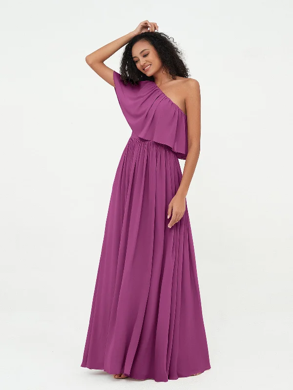 One Shoulder Long Chiffon Dresses with Pockets-Orchid