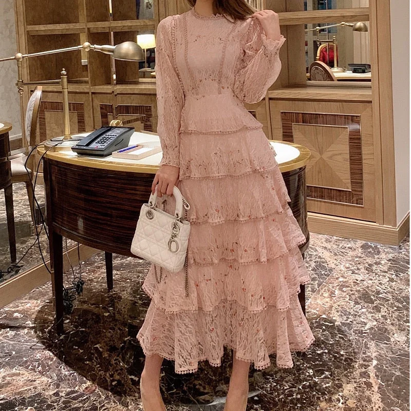 sixsr Pink Lace Embroidery Maxi Dress Female spring Winter Full sleeve high waist Ruffle elegant Long party dresses Woman