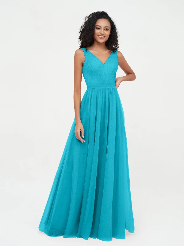 Princess Full Length Tulle Dresses with V-neckline-Jade