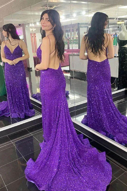 Purple V Neck Backless Sequins Long Prom Dresses, Formal Evening Dresses OK1916