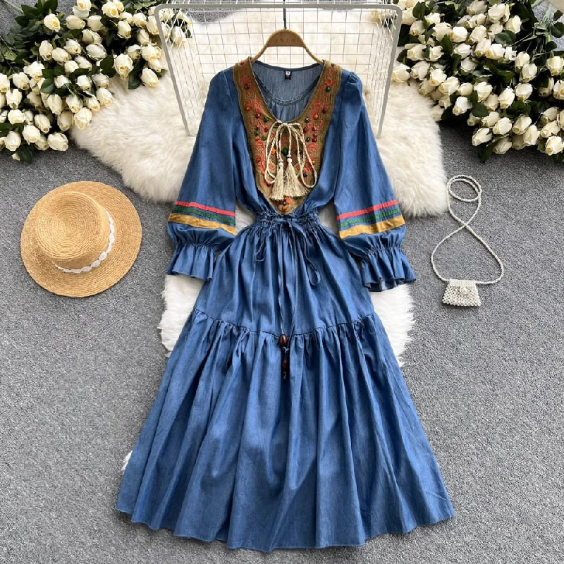 Quality Embroidered Denim Dress  Summer Autumn National Korean Pleated A Line Long Sleeve Cowboy Dress Women Jeans Dress