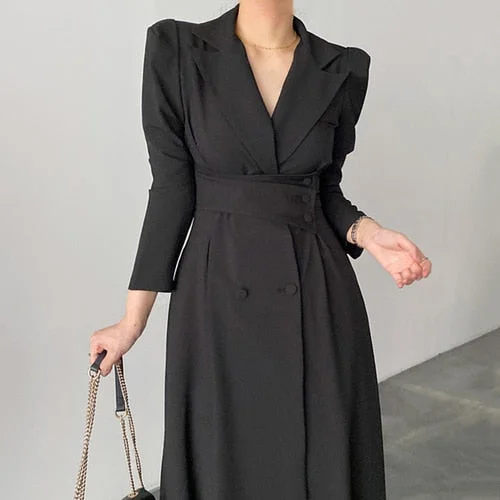 Sixsr High Waisted Maxi Dresses for Women Long Sleeve Double Breasted Chic Korean Fashion Notched Vestido De Mujer Elegant Vintage Y2k