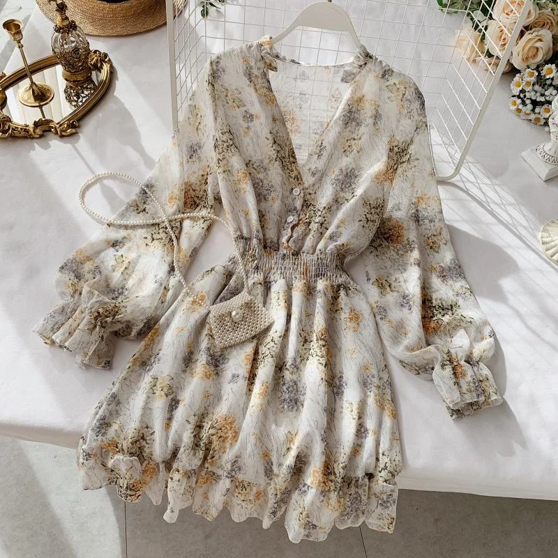 Sixsr Mothers Day Gifts new fashion women's French dress female temperament V-neck long-sleeved chiffon floral dresses