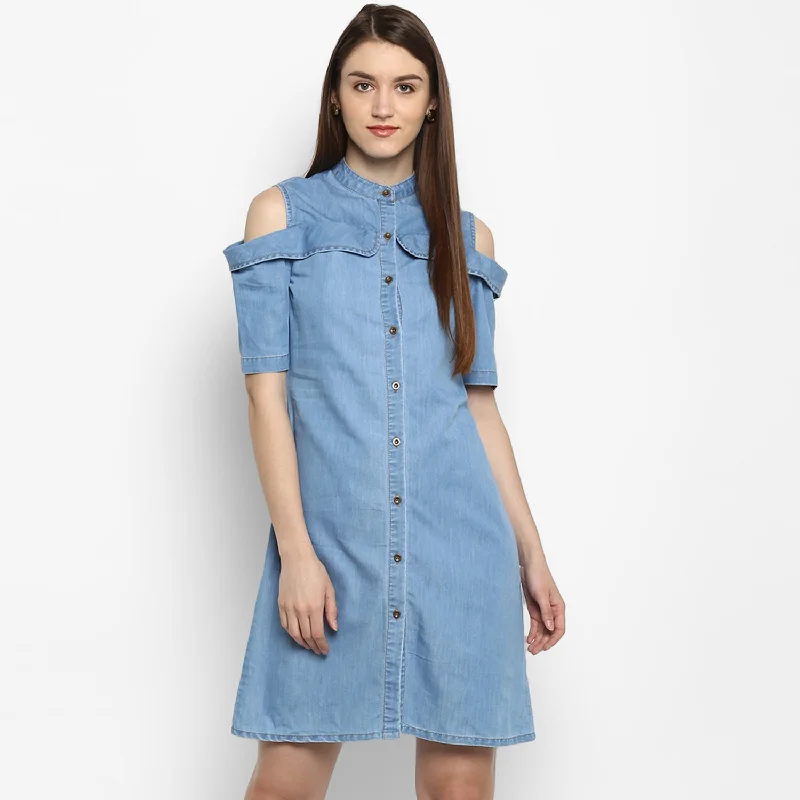 Women's Denim Cold Shoulder Dress - StyleStone