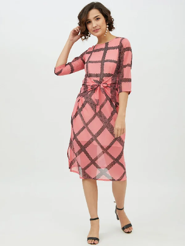 Women's Pink Check front Tie Knot Midi Dress - StyleStone