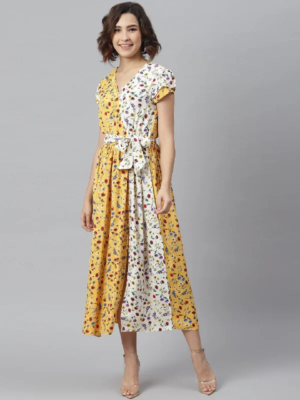 Women's Yellow & White Printed Wrap Dress with Contrast panel - StyleStone