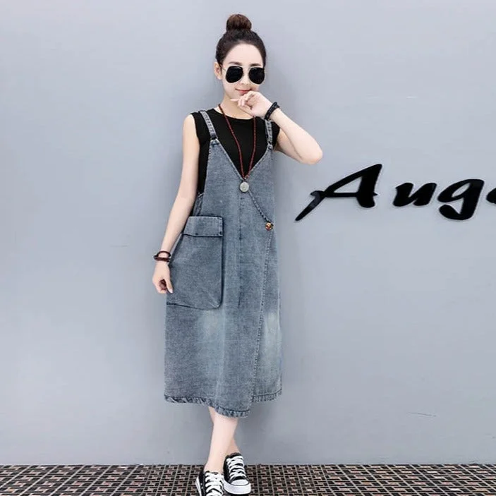 Summer Adjustable Strap Denim Dress Sundress Women Sleeveless  Long  Bandage Dresses for Womens Korean Street Robe Femme