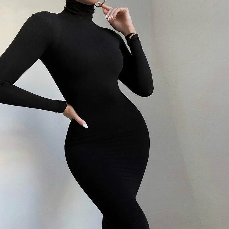 Sixsr Turtleneck Long Dress Autumn Winter Muslim Elegant Office Lady Skinny Long Sleeve Bodycon Casual Dress Women Midi Clubwear GV464